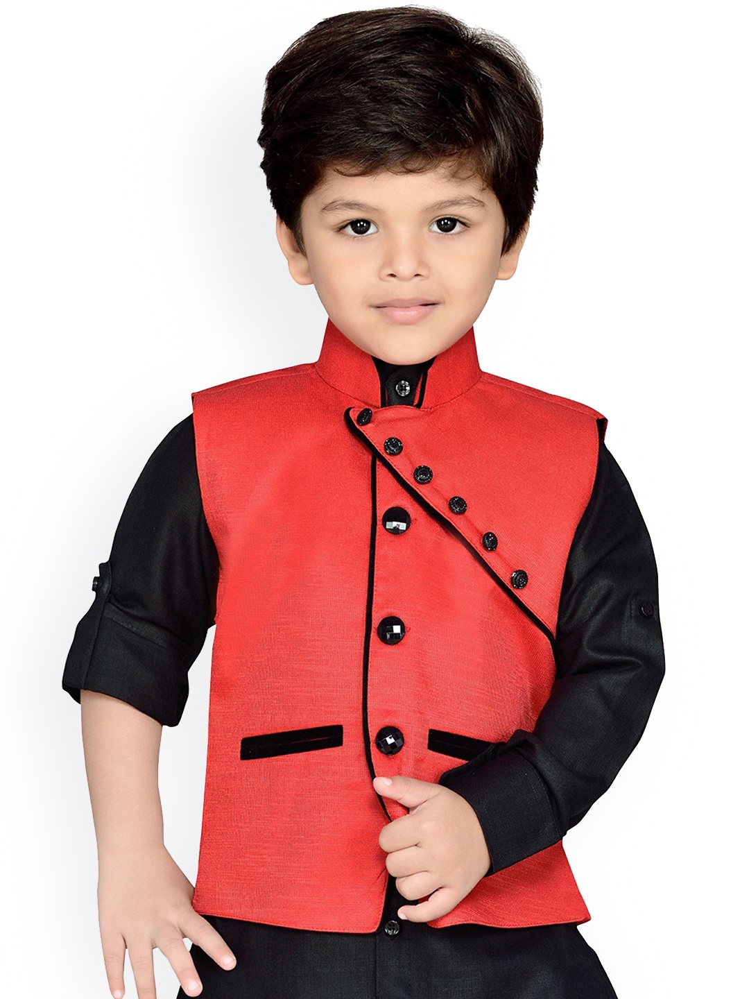 

Aj DEZInES Boys Red & Black Solid Nehru Jacket