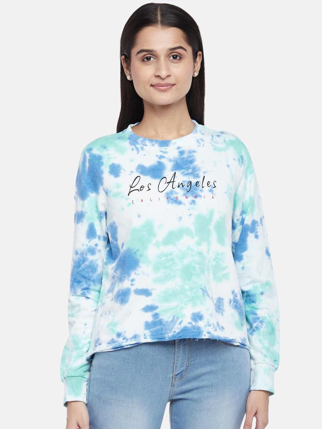 

People Women White & Blue Printed Sweatshirt