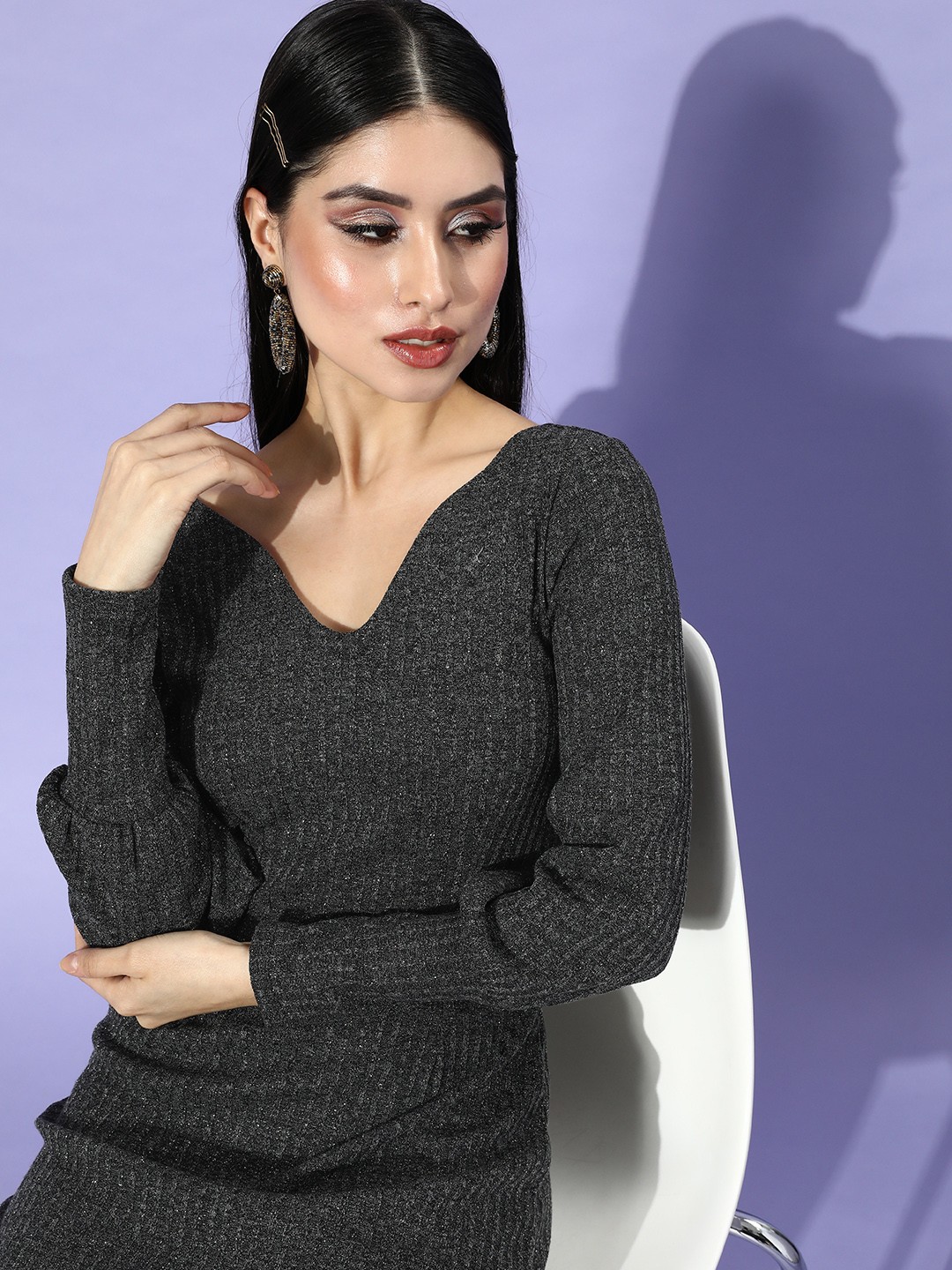 

Athena Women Grey Self-Design Knitted Dress