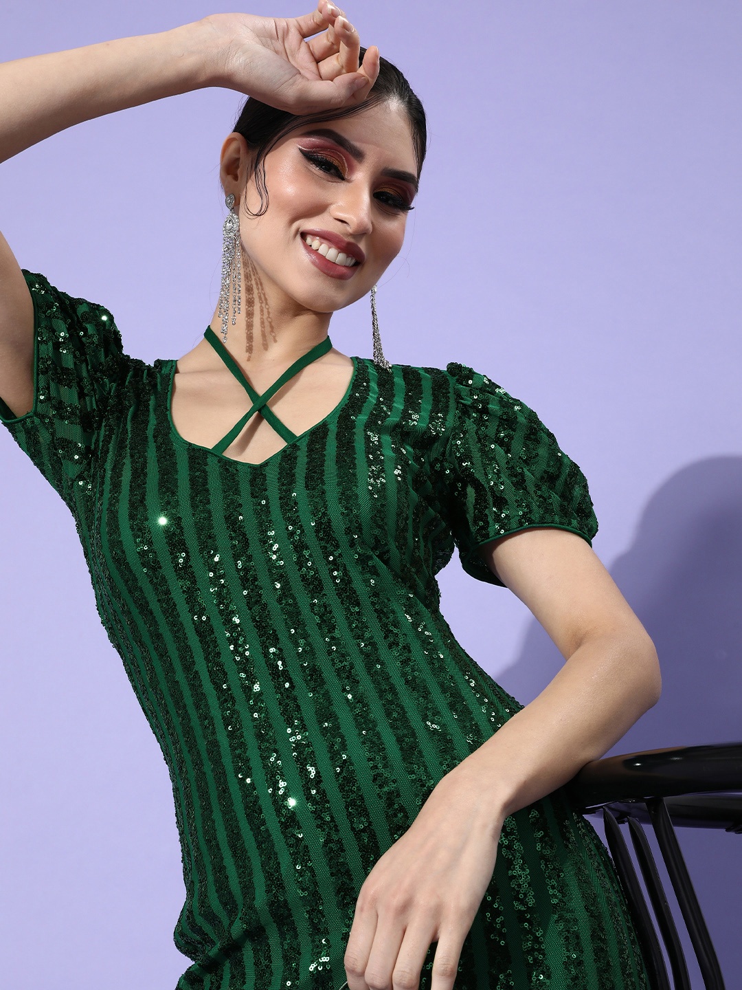 

Athena Green Embellished Tie-Up Neck Sheath Mini Dress