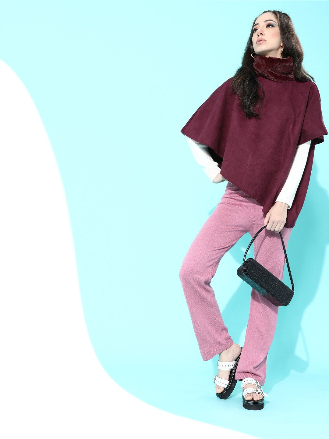 

Athena Woman Deep Burgundy Solid Poncho