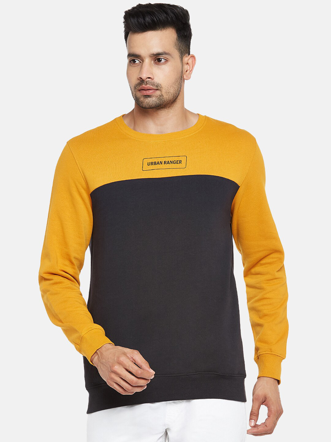 

Urban Ranger by pantaloons Men Navy Blue & Yellow Colourblocked Pure Cotton Sweatshirt