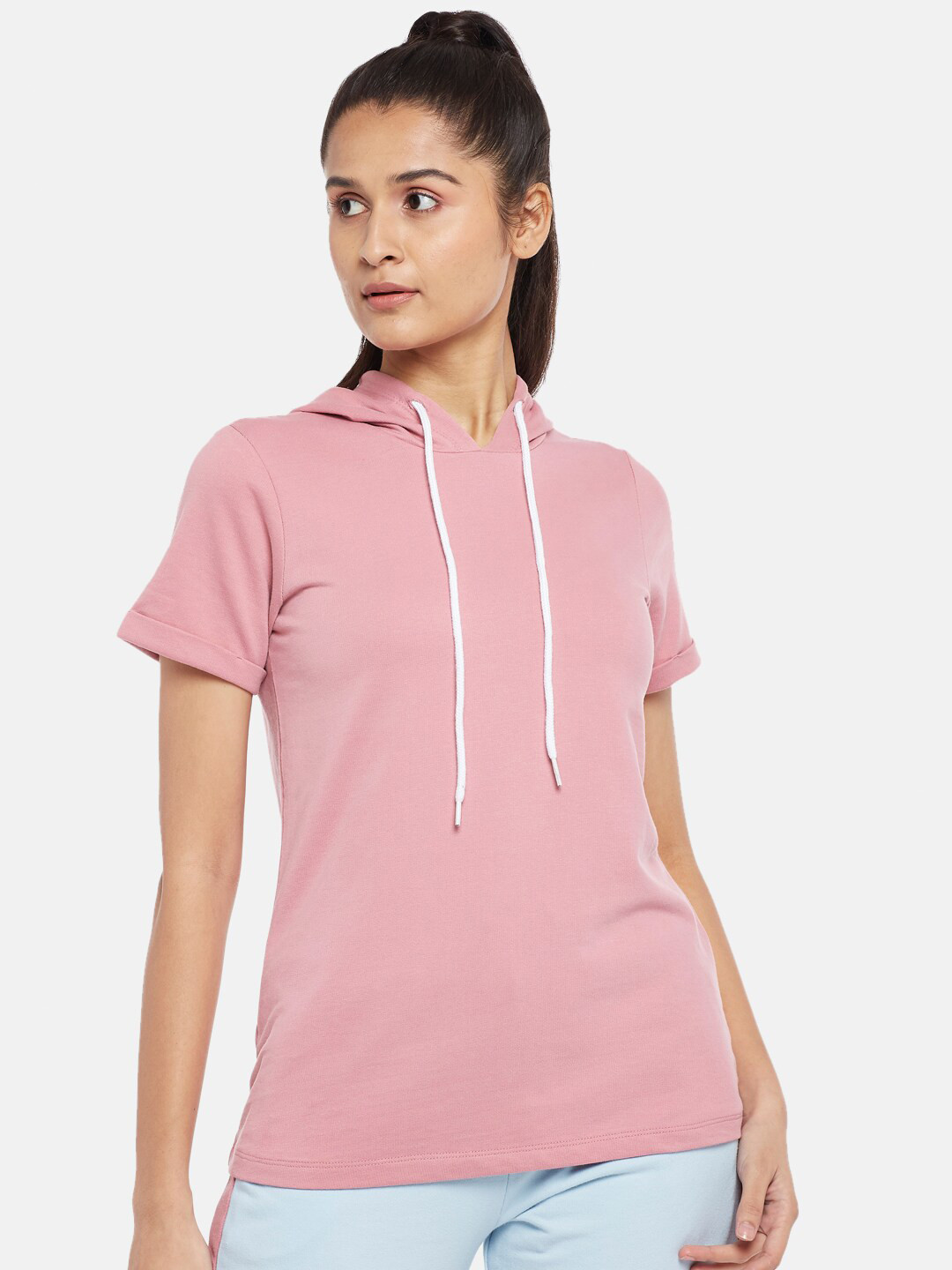 

Ajile by Pantaloons Pink Hooded Pure Cotton Regular Top