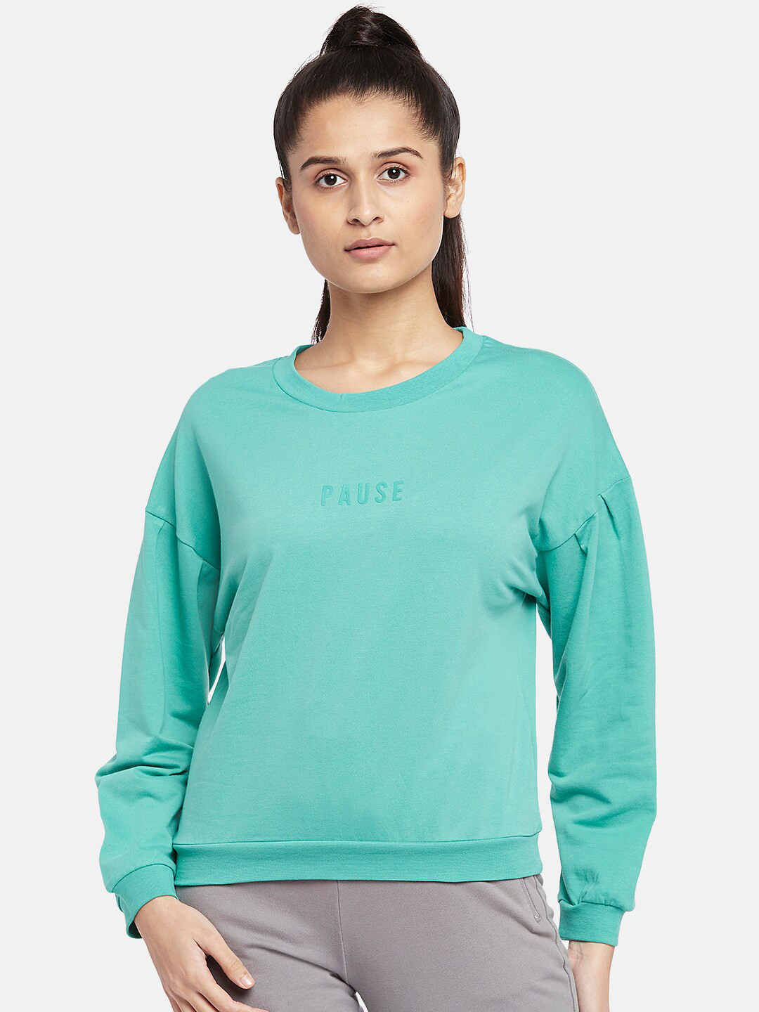 

Ajile by Pantaloons Turquoise Blue Typography Embroidered Drop-Shoulder Sleeves Top