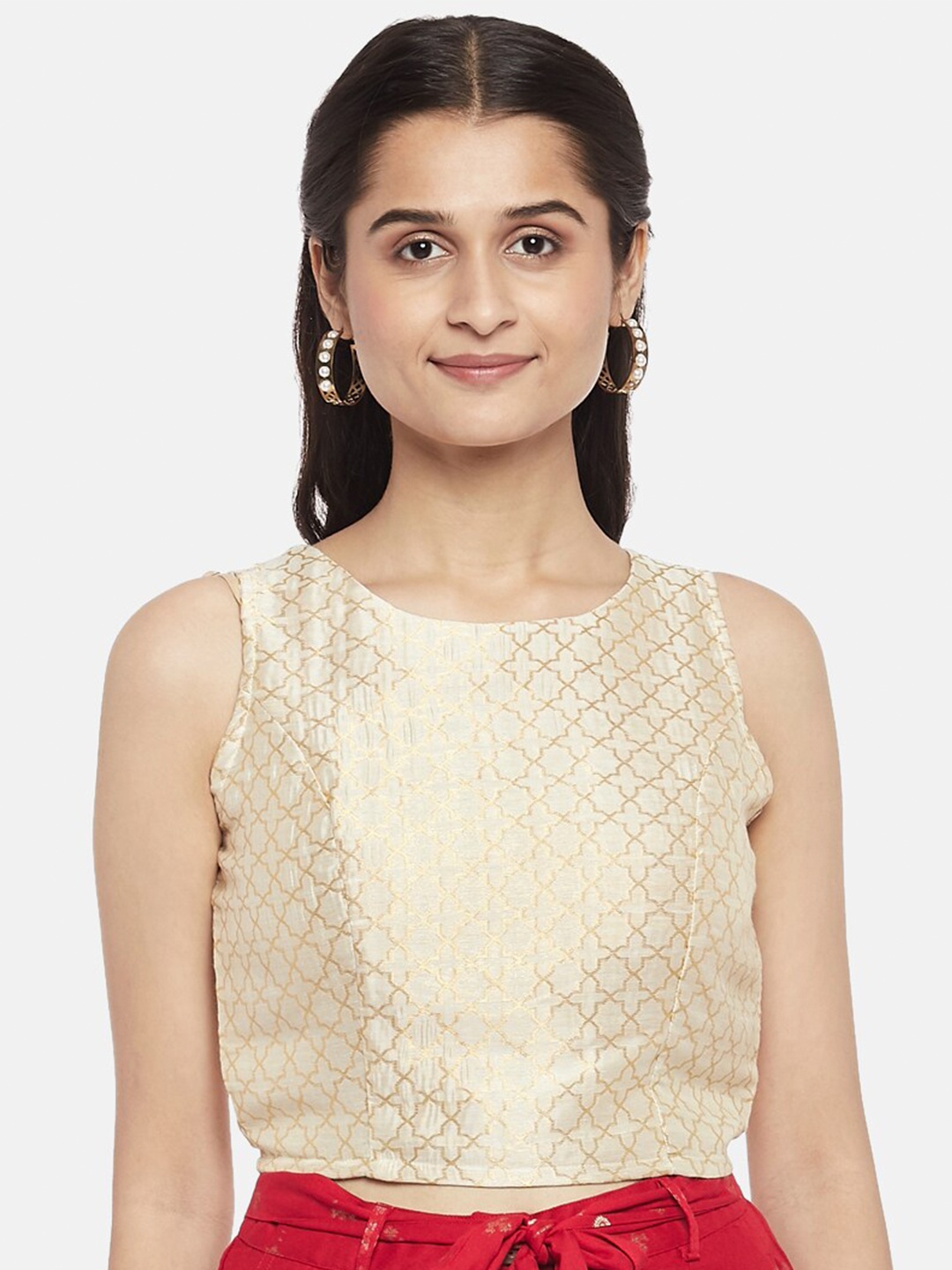 

AKKRITI BY PANTALOONS Beige & Gold-Coloured Ethnic Motifs Woven Design Crop Top
