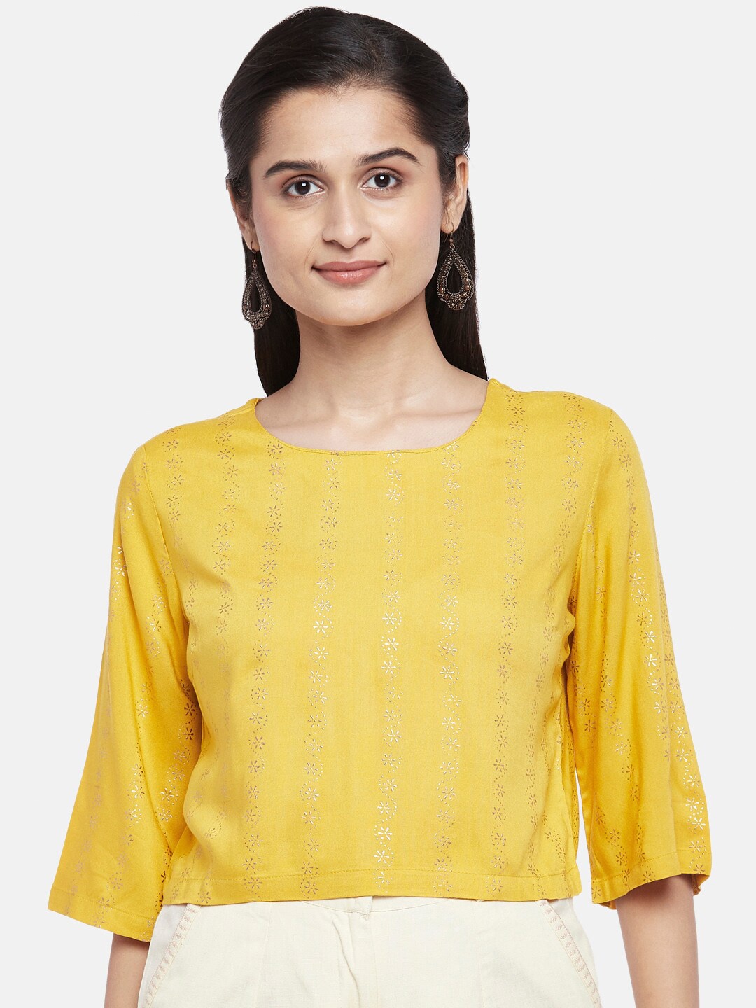 

AKKRITI BY PANTALOONS Mustard Yellow Floral Printed Crop Top