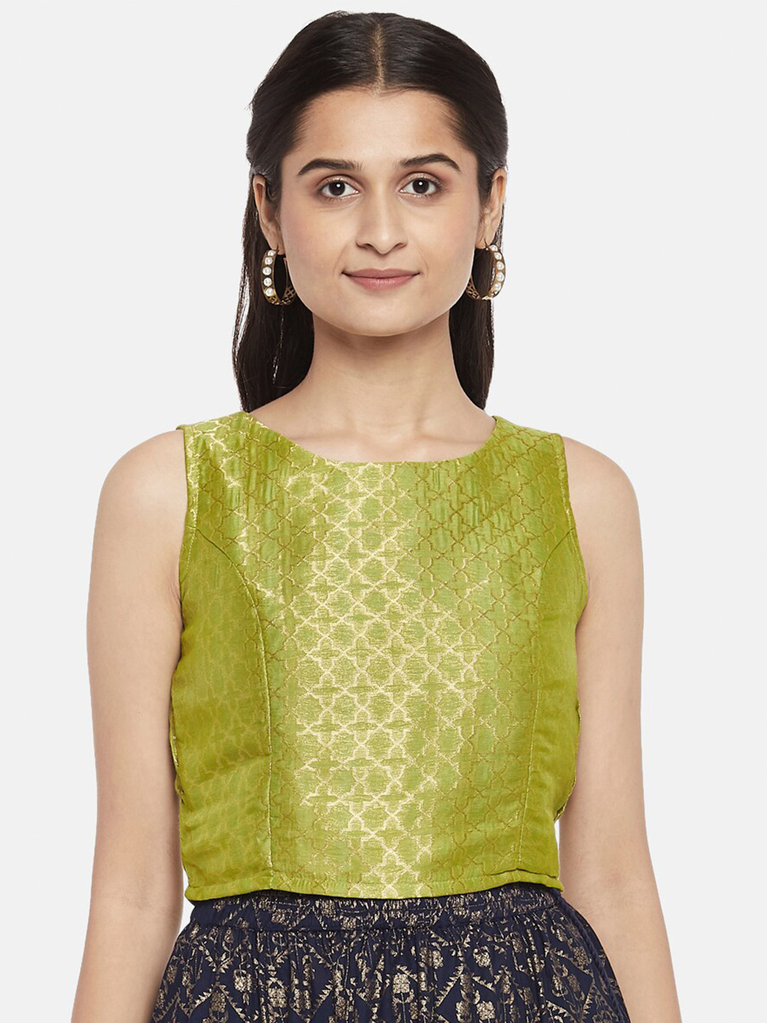 

AKKRITI BY PANTALOONS Lime Green & Gold-Coloured Ethnic Motifs Woven Design Cropped Top
