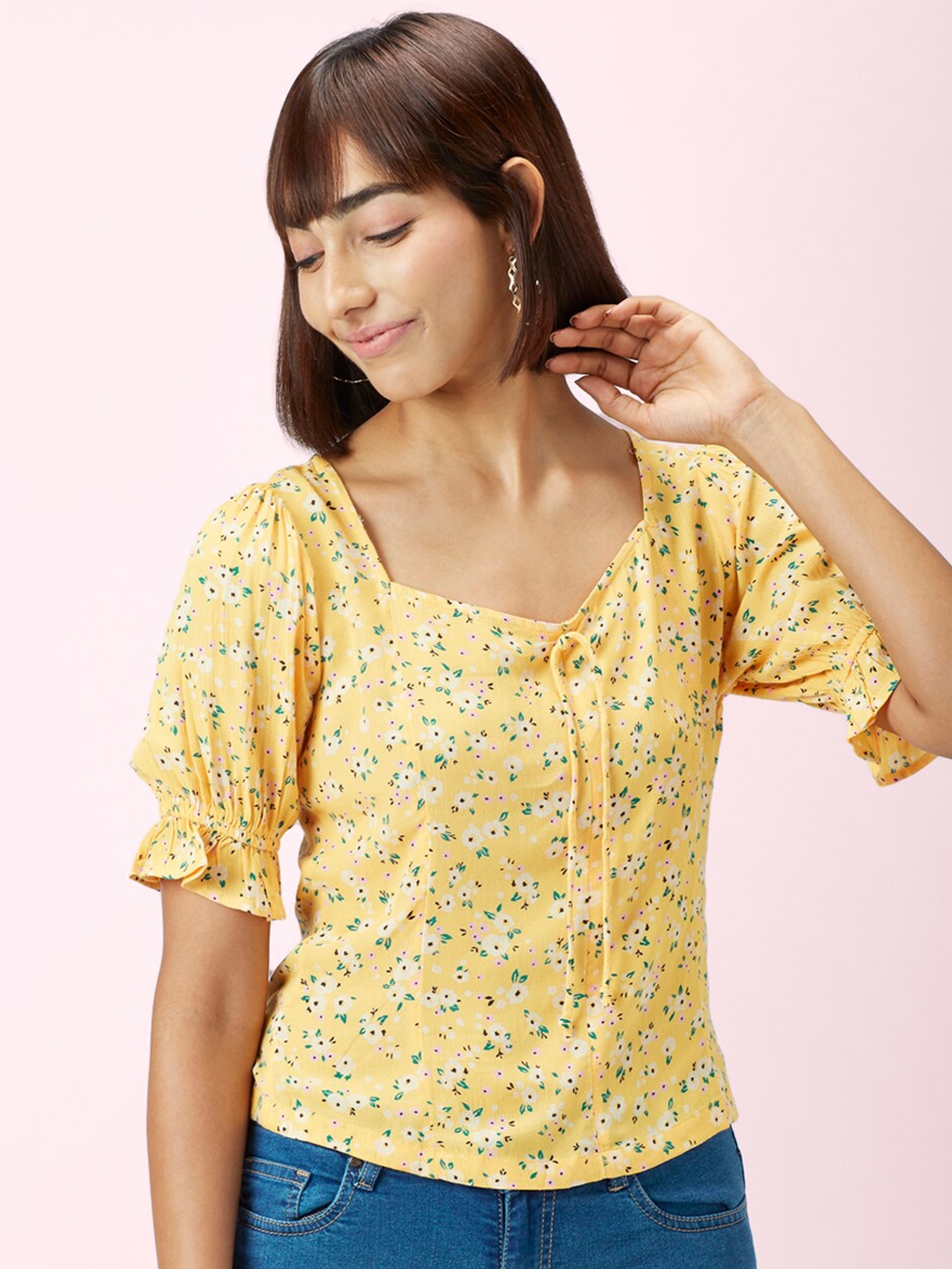 

People Yellow Floral Printed Regular Top
