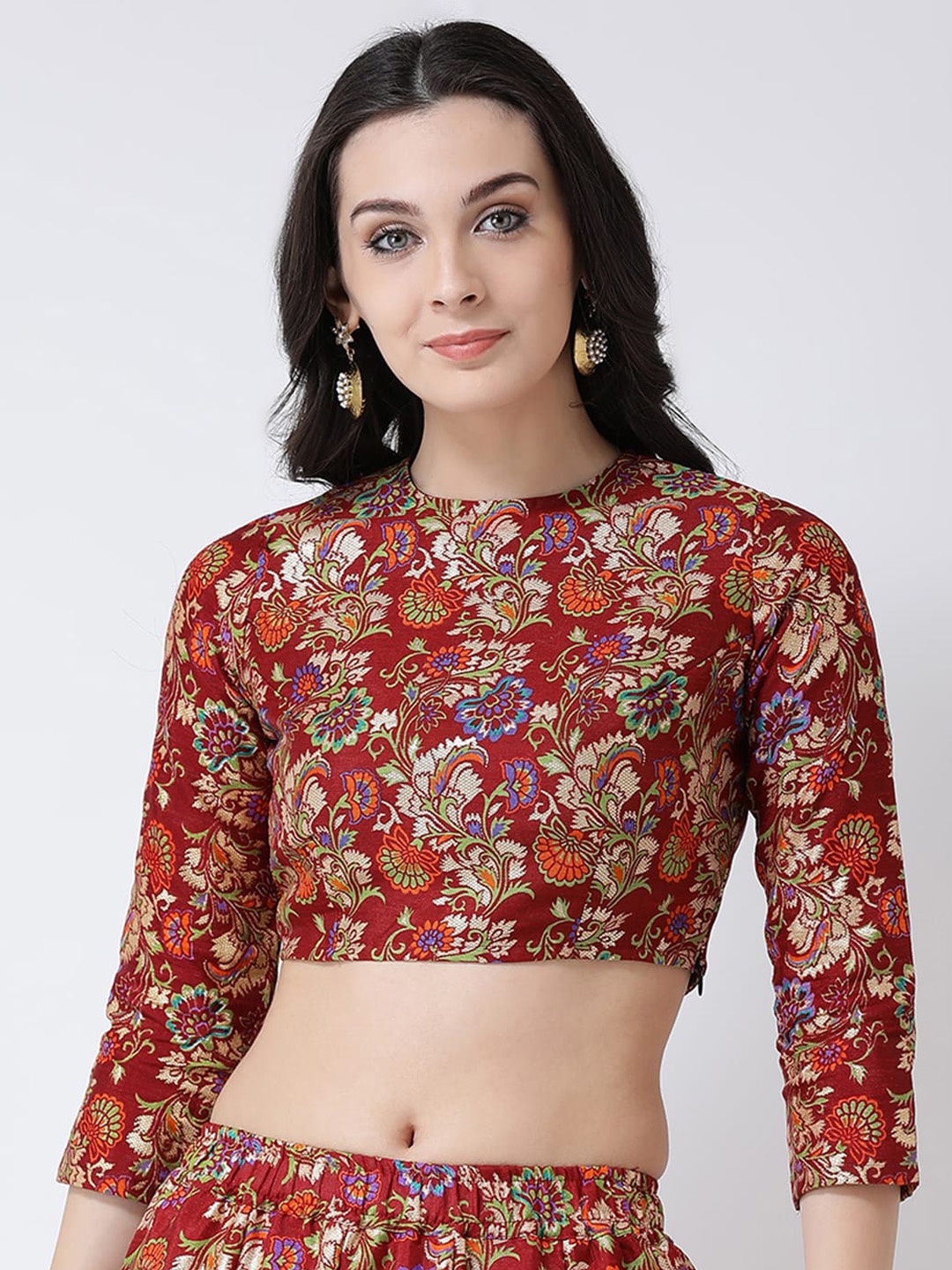 

TULIP 21 Women Maroon & Blue Ethnic Motifs Woven Design Saree Blouse