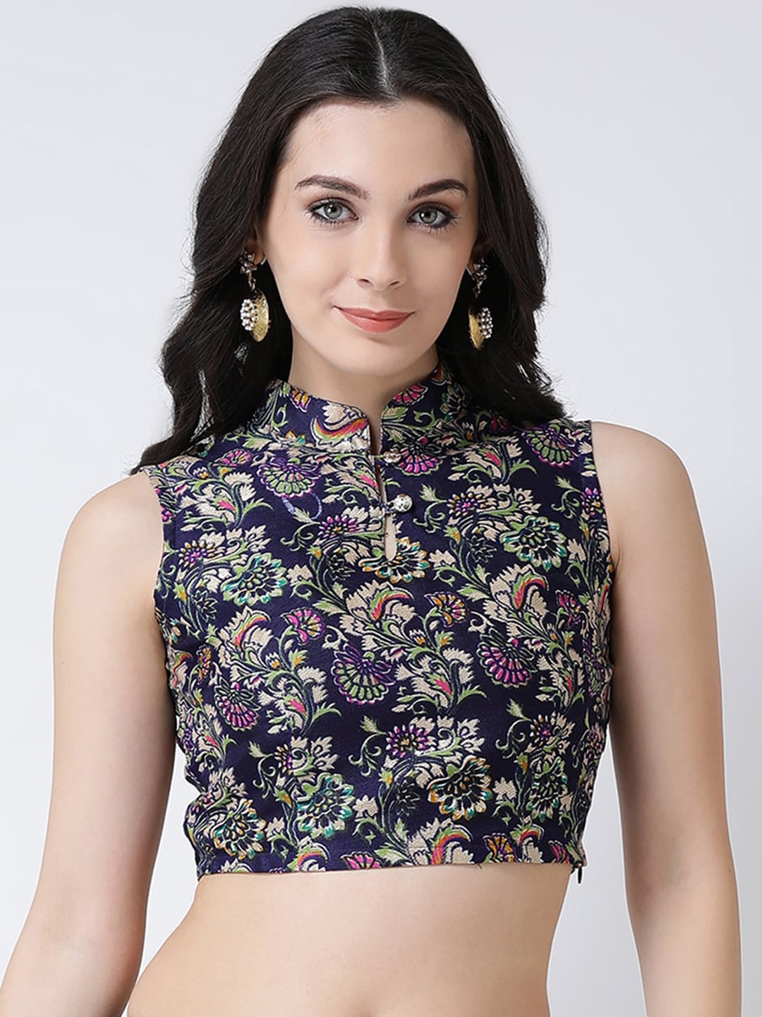 

TULIP 21 Women Navy Blue & Pink Floral Woven Design Saree Blouse
