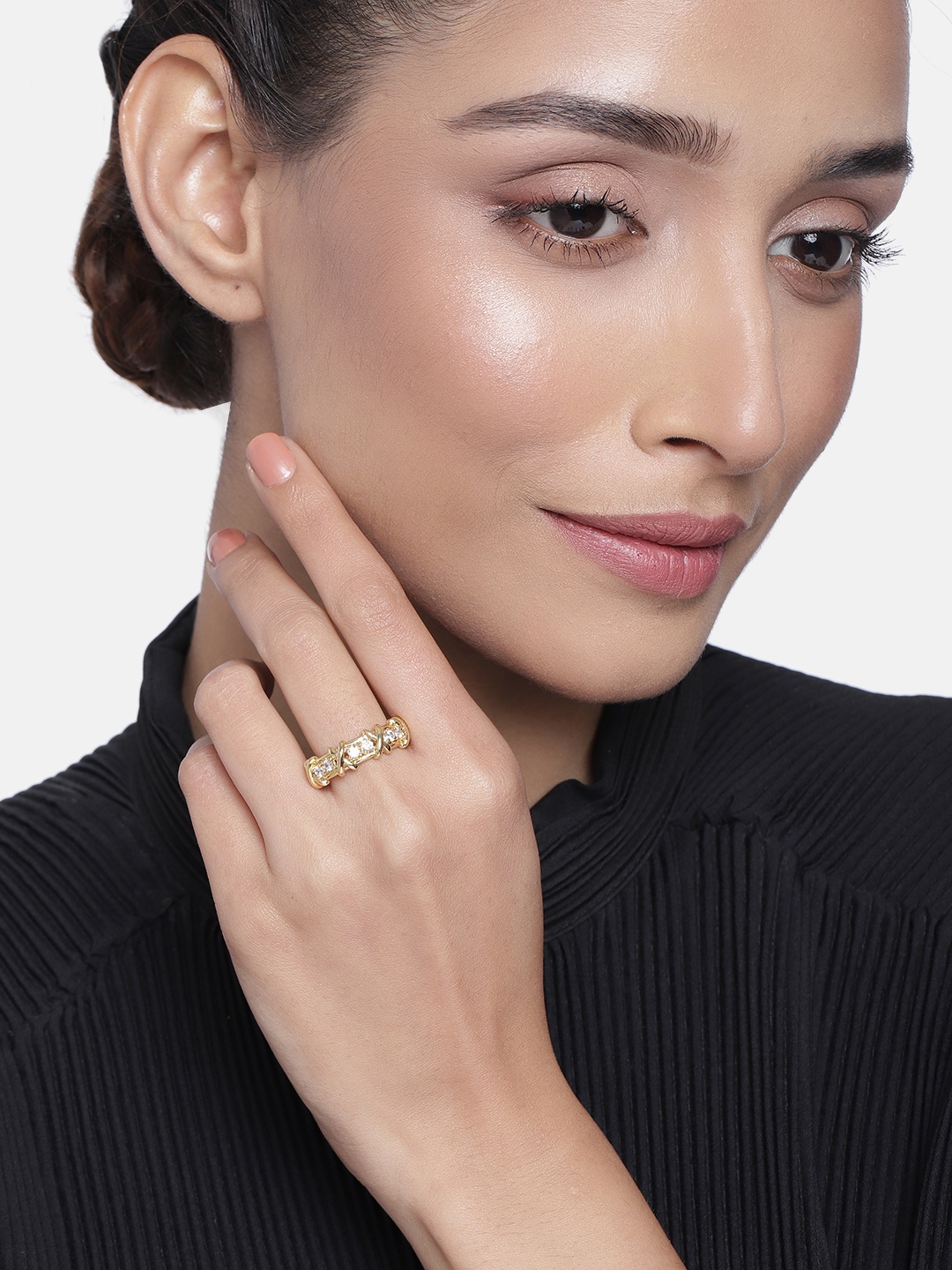 

Estele Women Gold plated Criss Cross Designer Band Ring with American Diamond