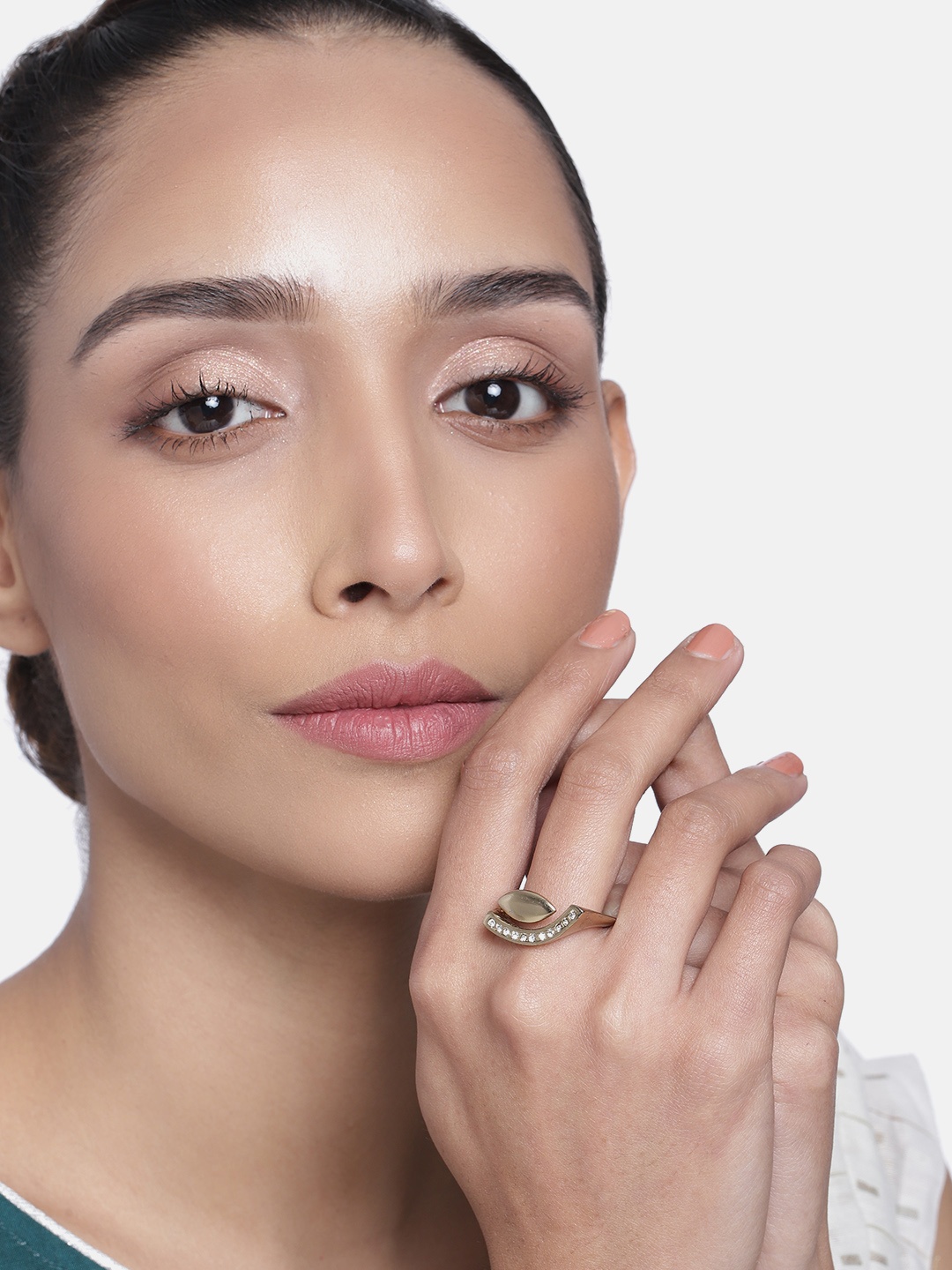 

Estele Women Gold-Plated White Stone Studded Non-Adjustable Finger Ring