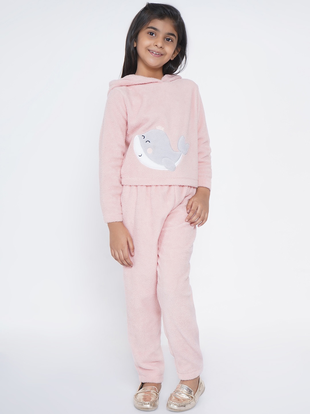 

berrytree Girls Pink & Grey Printed Warm Fleece Winter Night Suit