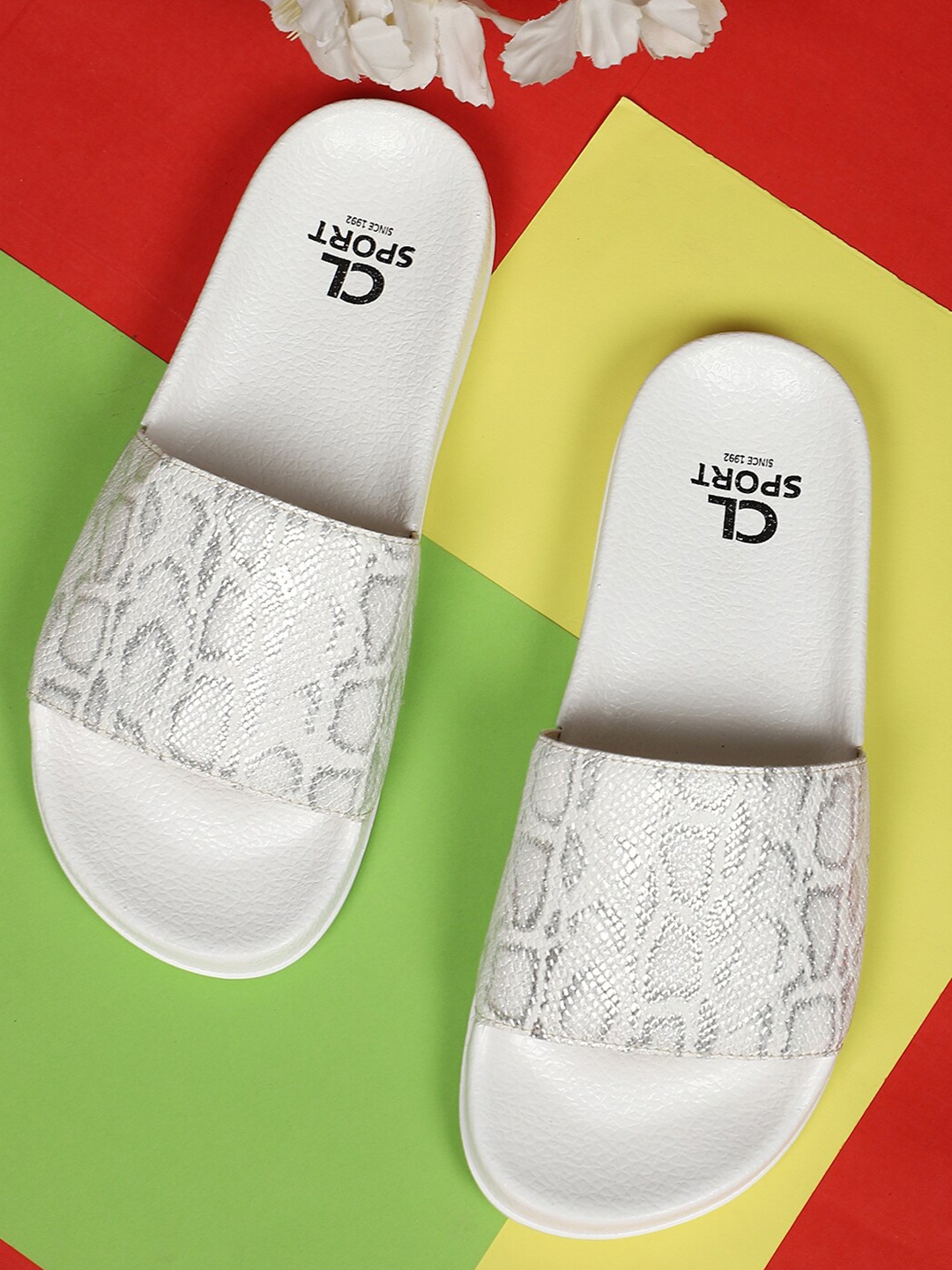 

Carlton London sports Women White & Silver-Toned Printed Sliders