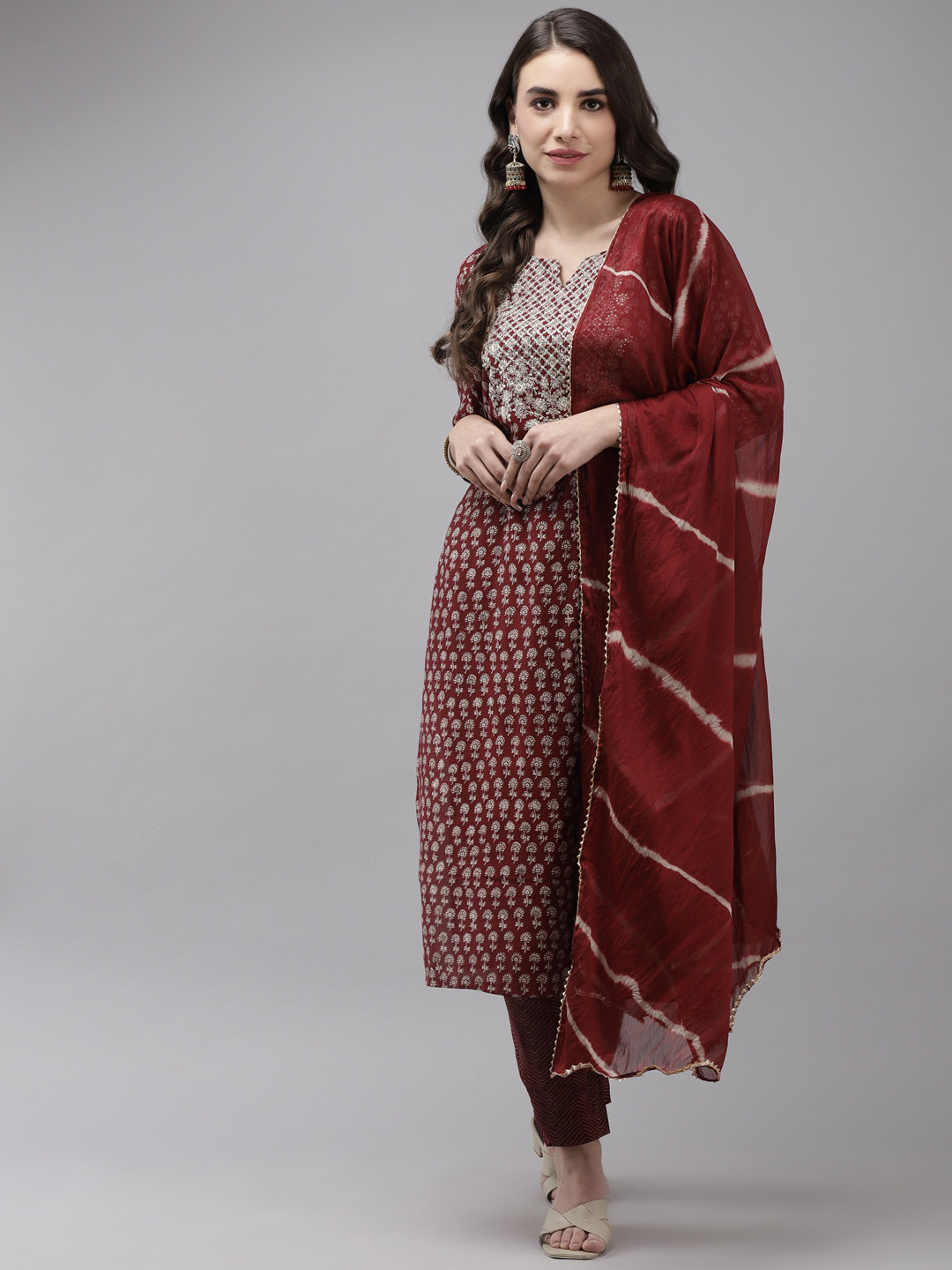 

Ishin Women Maroon Floral Embroidered Regular Kurta with Trousers & With Dupatta