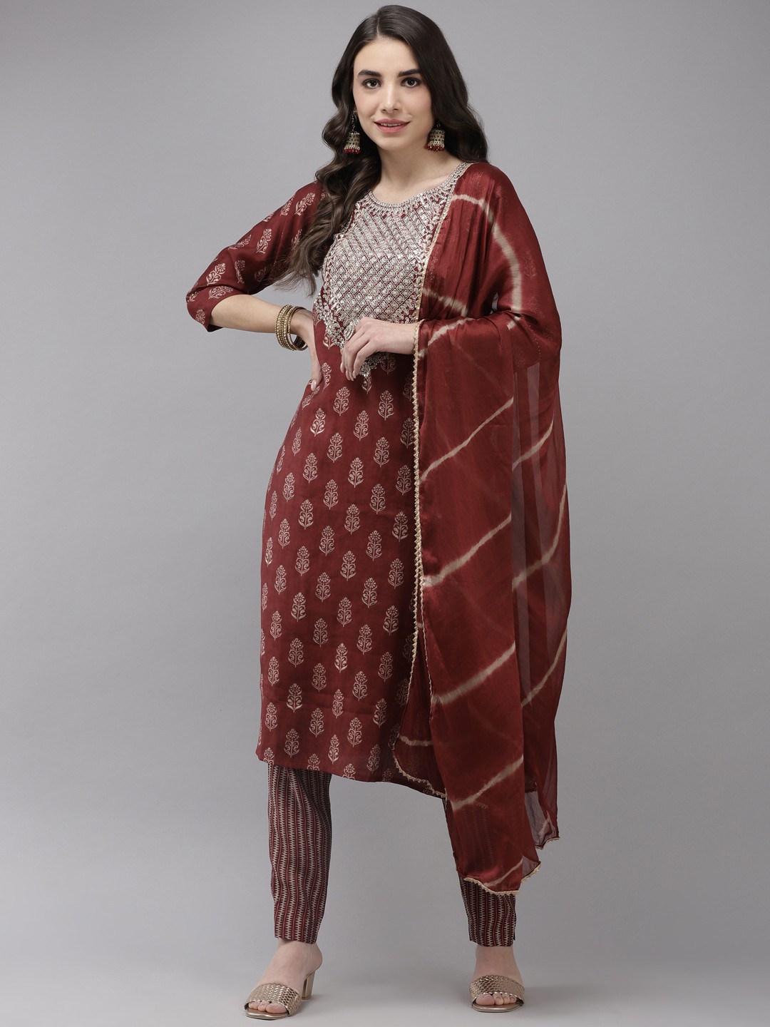 

Ishin Women Maroon Floral Embroidered Regular Kurta with Trousers & With Dupatta