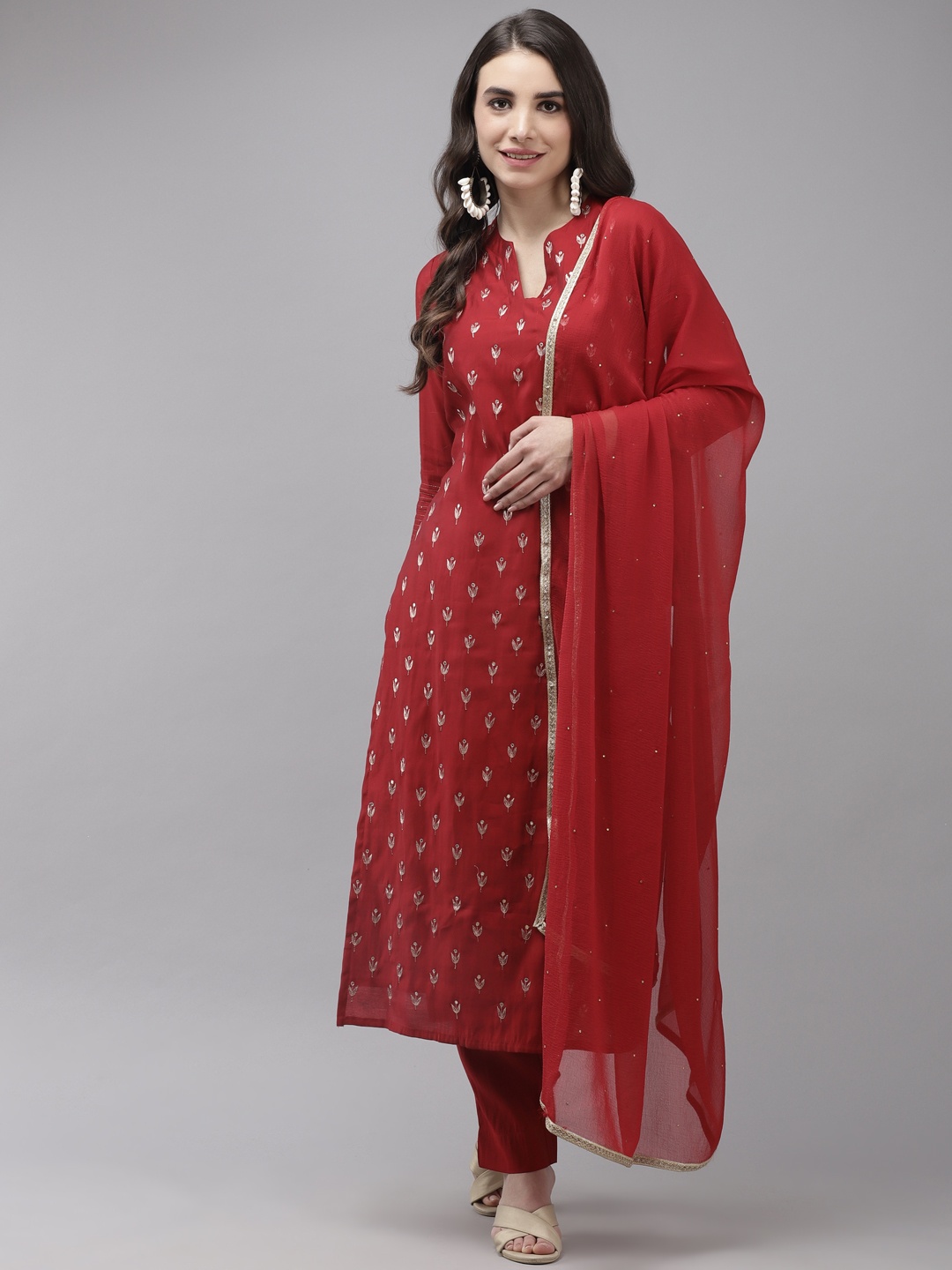 

Ishin Women Red Floral Embroidered Regular Kurta with Trousers & With Dupatta