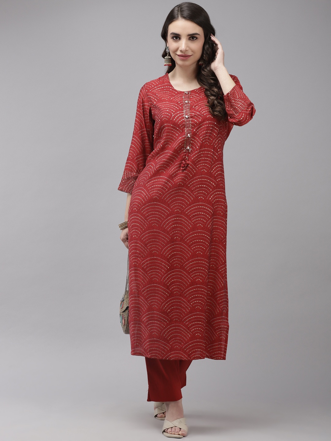 

Ishin Women Red Bandhani Embroidered Regular Kurta with Trousers