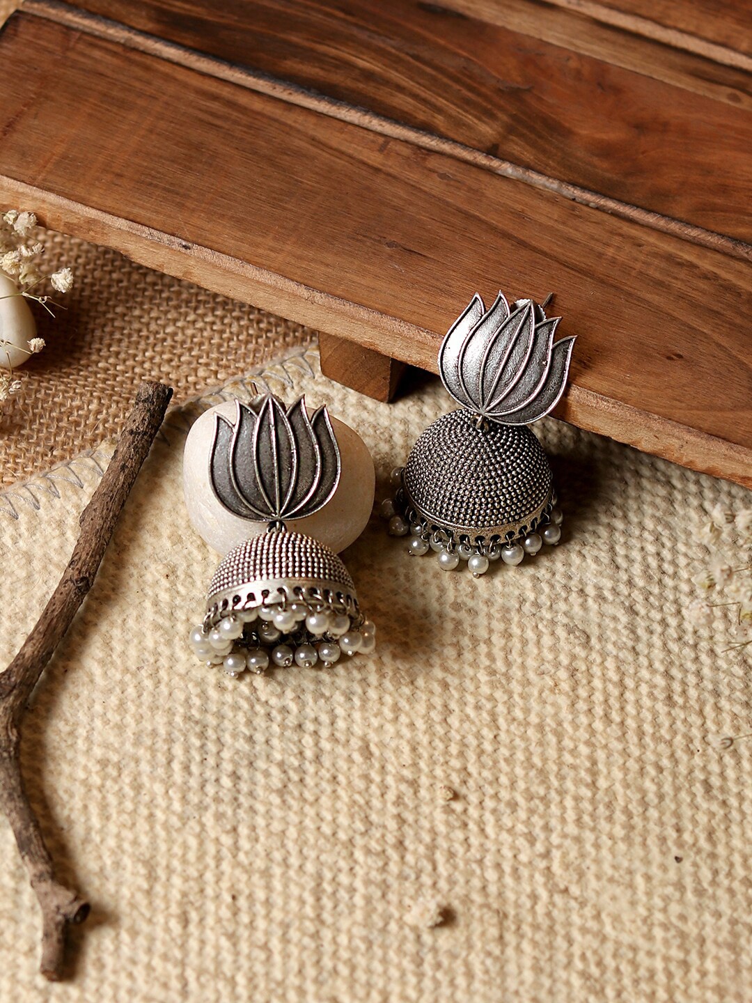 

TEEJH Silver-Toned Contemporary Jhumkas Earrings