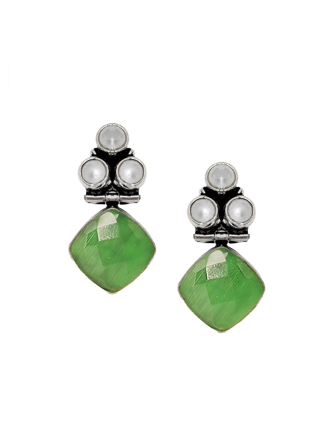 

TEEJH Silver-Toned & Green Contemporary Drop Earrings