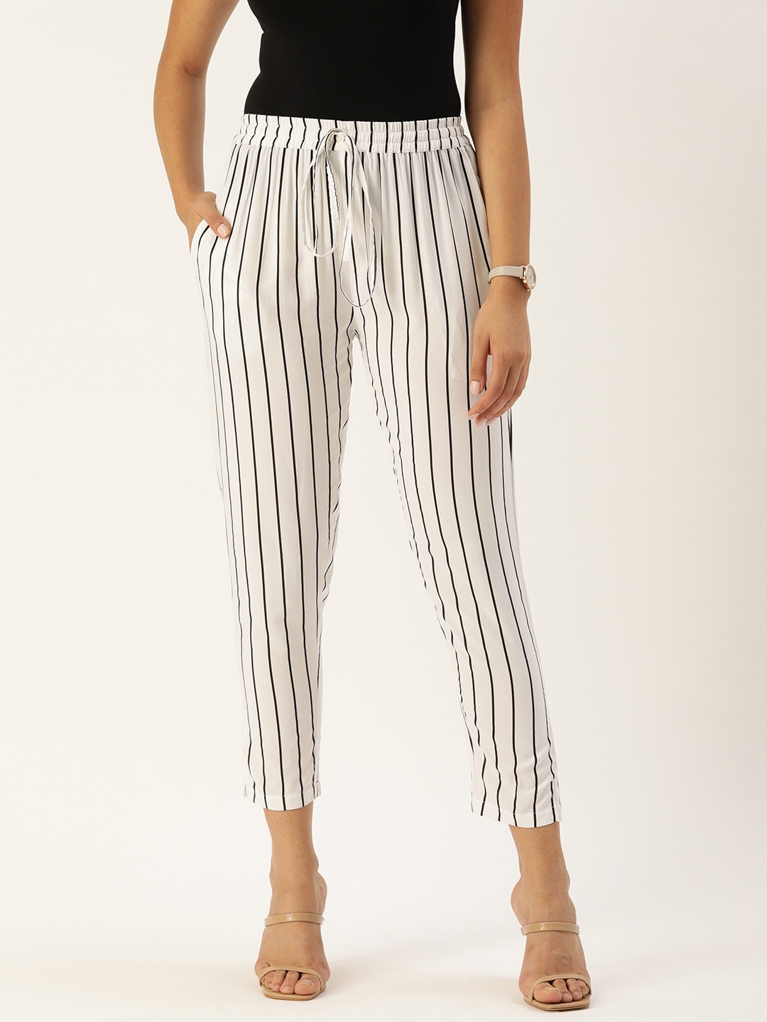 

AMUKTI Women White & Black Striped Cropped Trousers