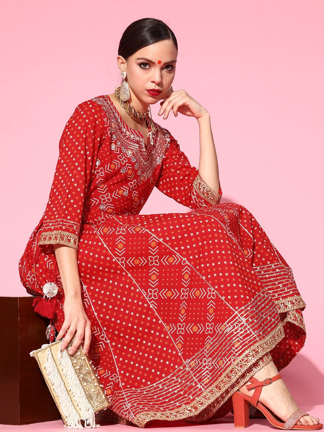

Ishin Women Red Bandhani Embroidered Regular Pure Cotton Kurta with Sharara