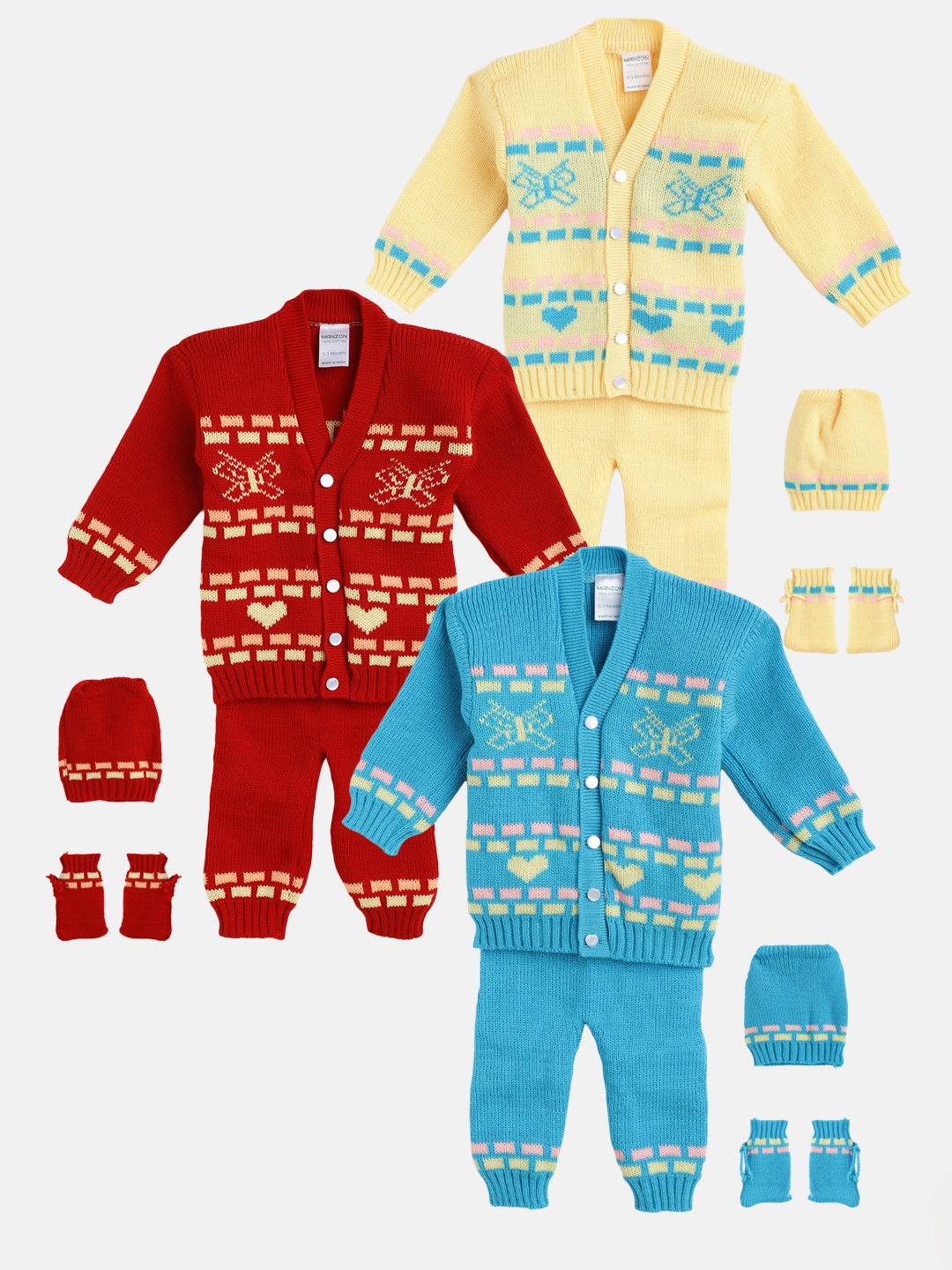 

MANZON Kids Pack of 3 Sweater & Pyjamas with Benies & Booties, Red