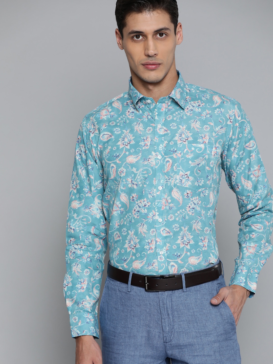

DENNISON Men Turquoise Blue Smart Slim Fit Floral Printed Formal Shirt