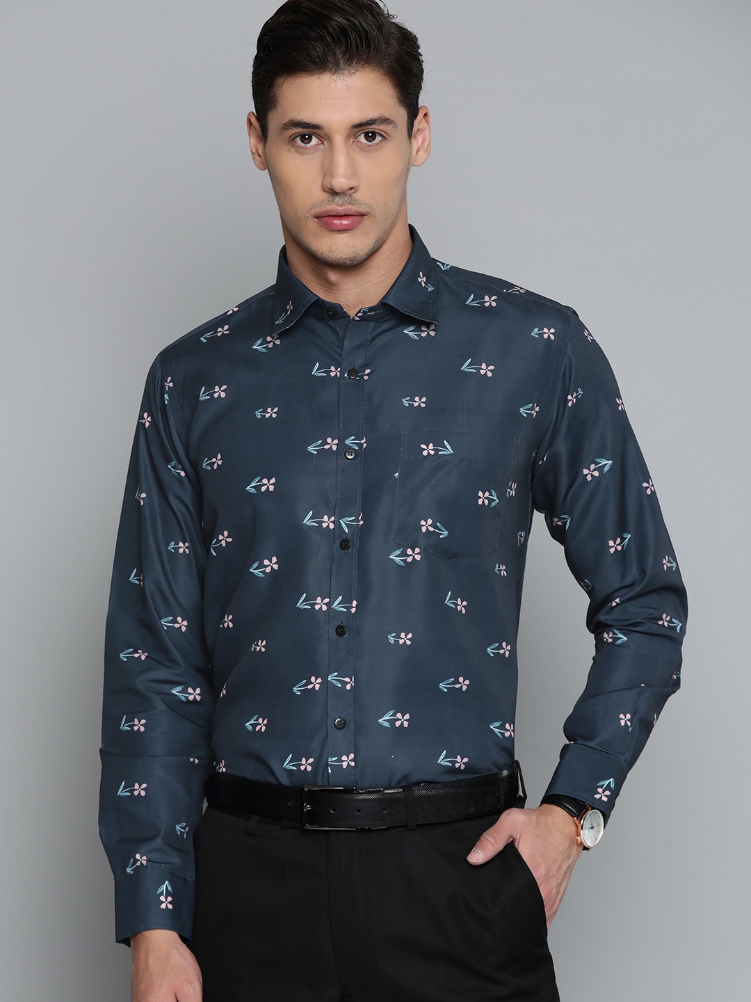 

DENNISON Men Navy Blue Smart Slim Fit Floral Printed Formal Shirt