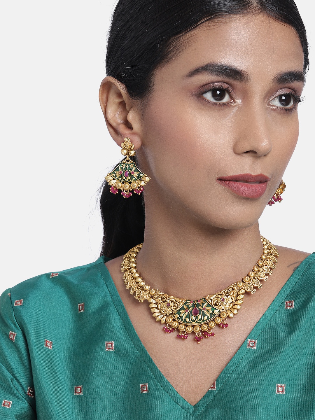 

I Jewels Gold Plated Pink & Green Enamel Embellished Jewellery Set