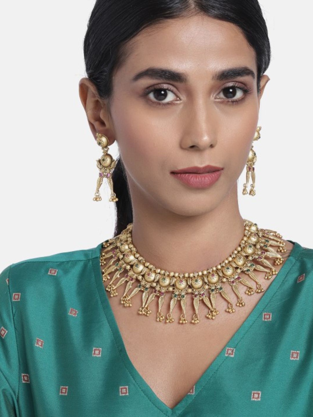

I Jewels Green & Pink Gold-Plated Embellished Handcrafted Jewellery Set
