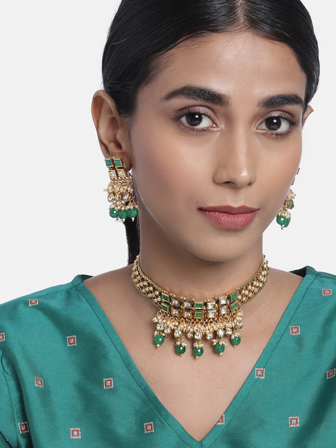 

I Jewels Green & White Gold-Plated Embellished Handcrafted Jewellery Set