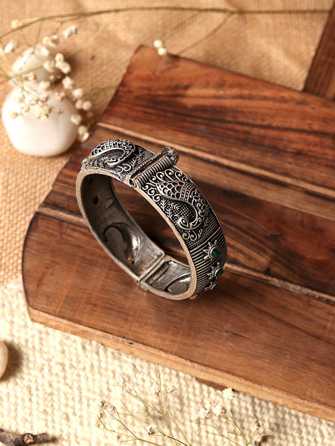 

TEEJH Oxidised Silver-Toned & Green Stone Studded Bangle