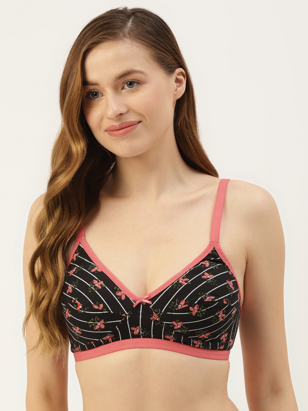 

Leading Lady Black & Pink Floral Print Wirefree Non-Padded Full Coverage Bra