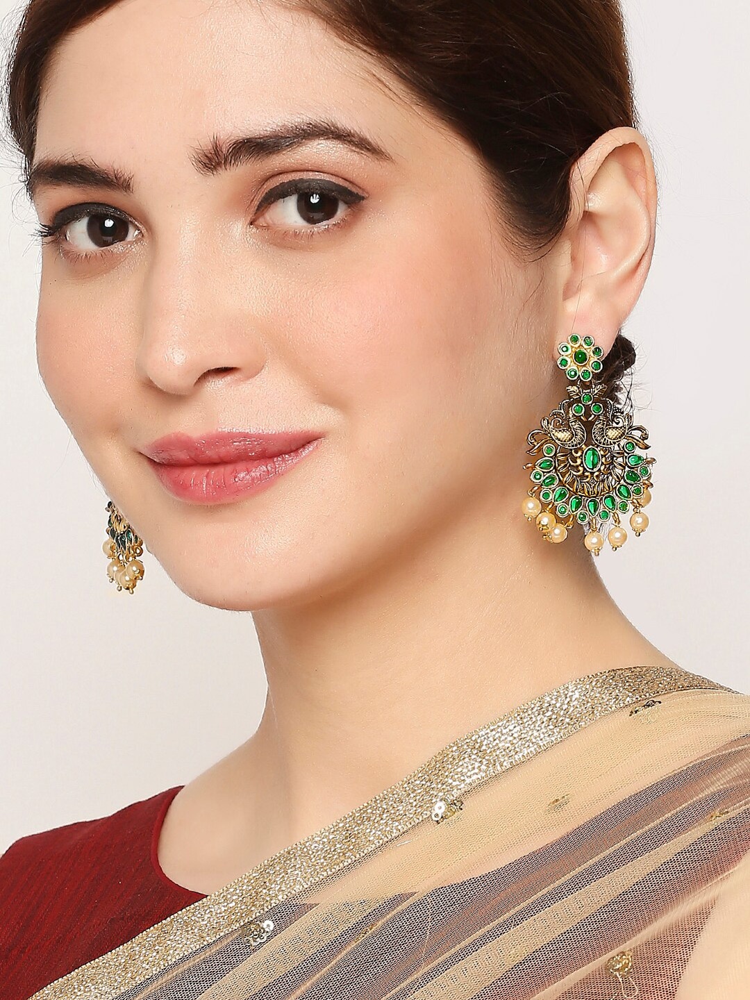 

OOMPH Gold-Toned & Green Peacock Shaped Drop Earrings