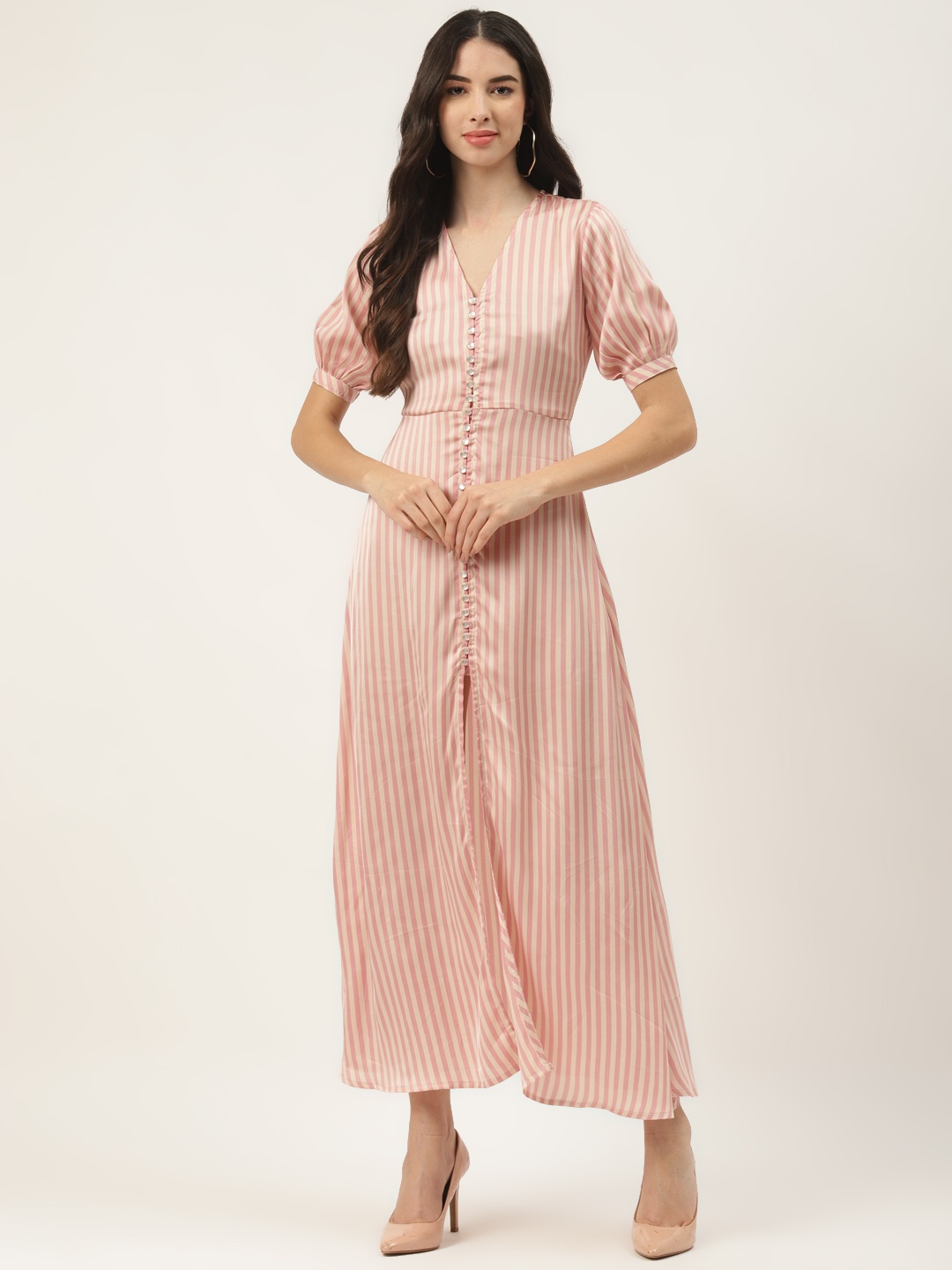 

WISSTLER Pink & Beige Striped Satin Shirt Maxi Dress