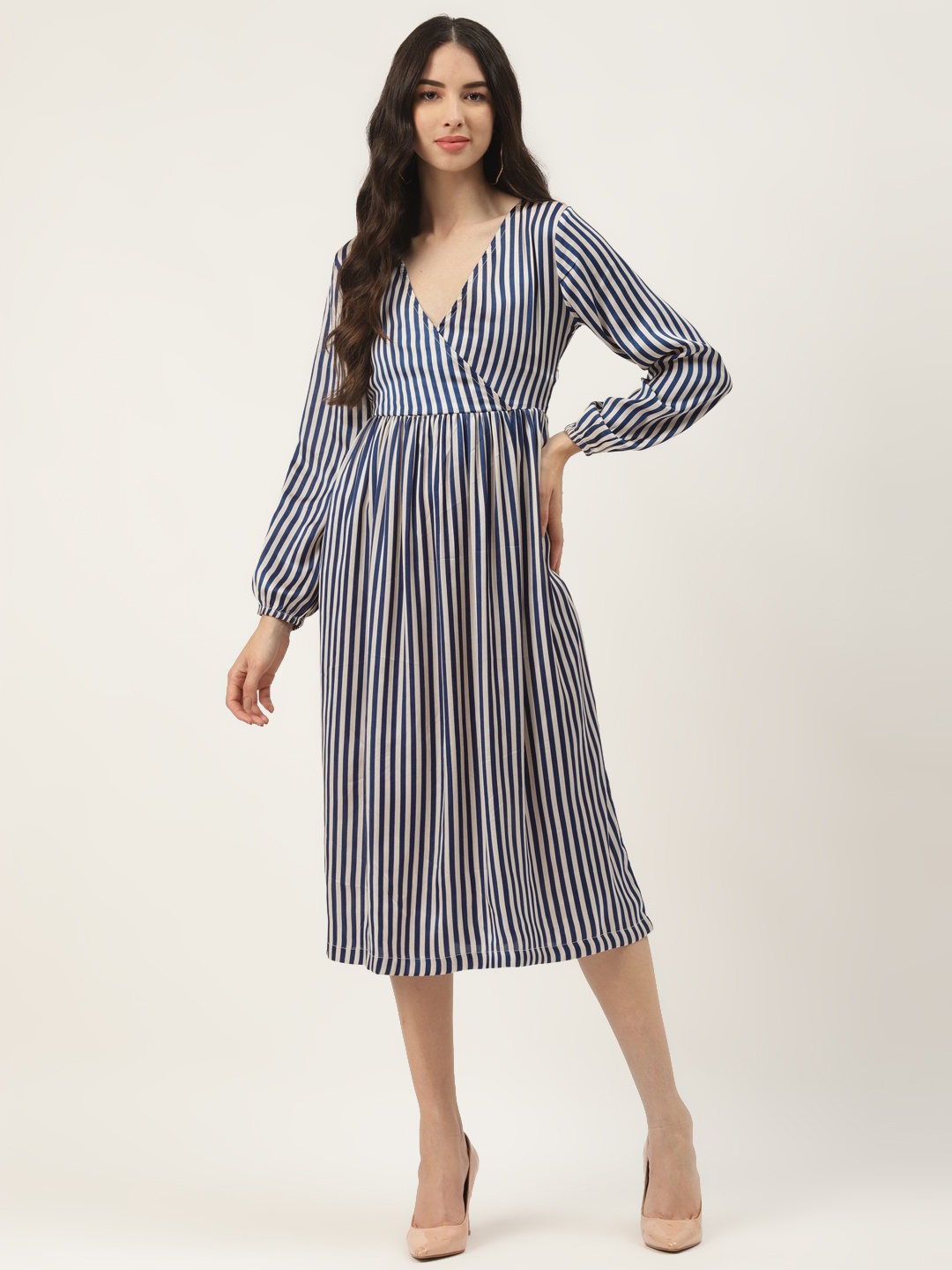 

WISSTLER Blue & White Striped Satin Midi Dress