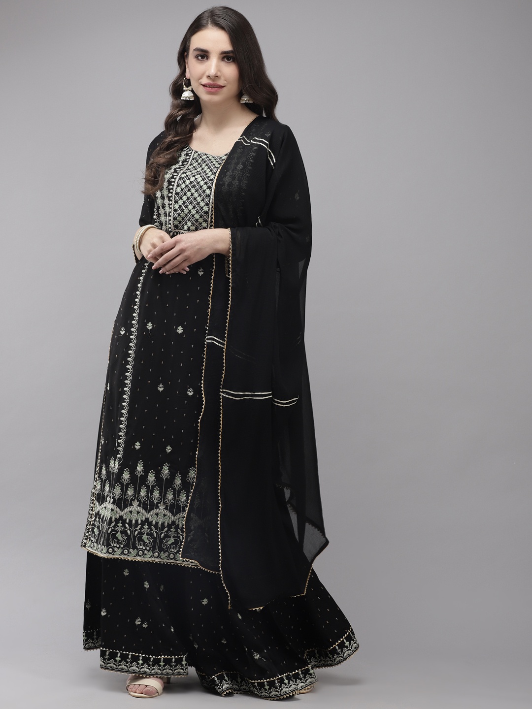 

Ishin Floral Embroidered Regular Kurta With Sharara & Dupatta, Black
