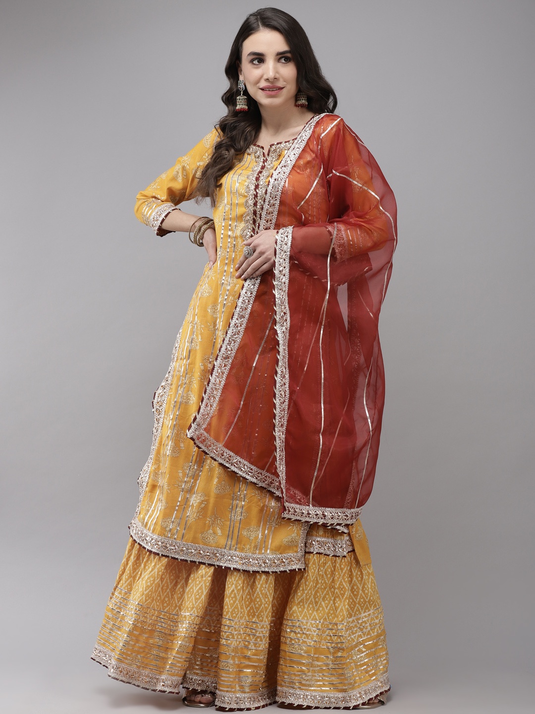 

Ishin Floral Printed Embellished Kurta With Sharara & Dupatta, Mustard