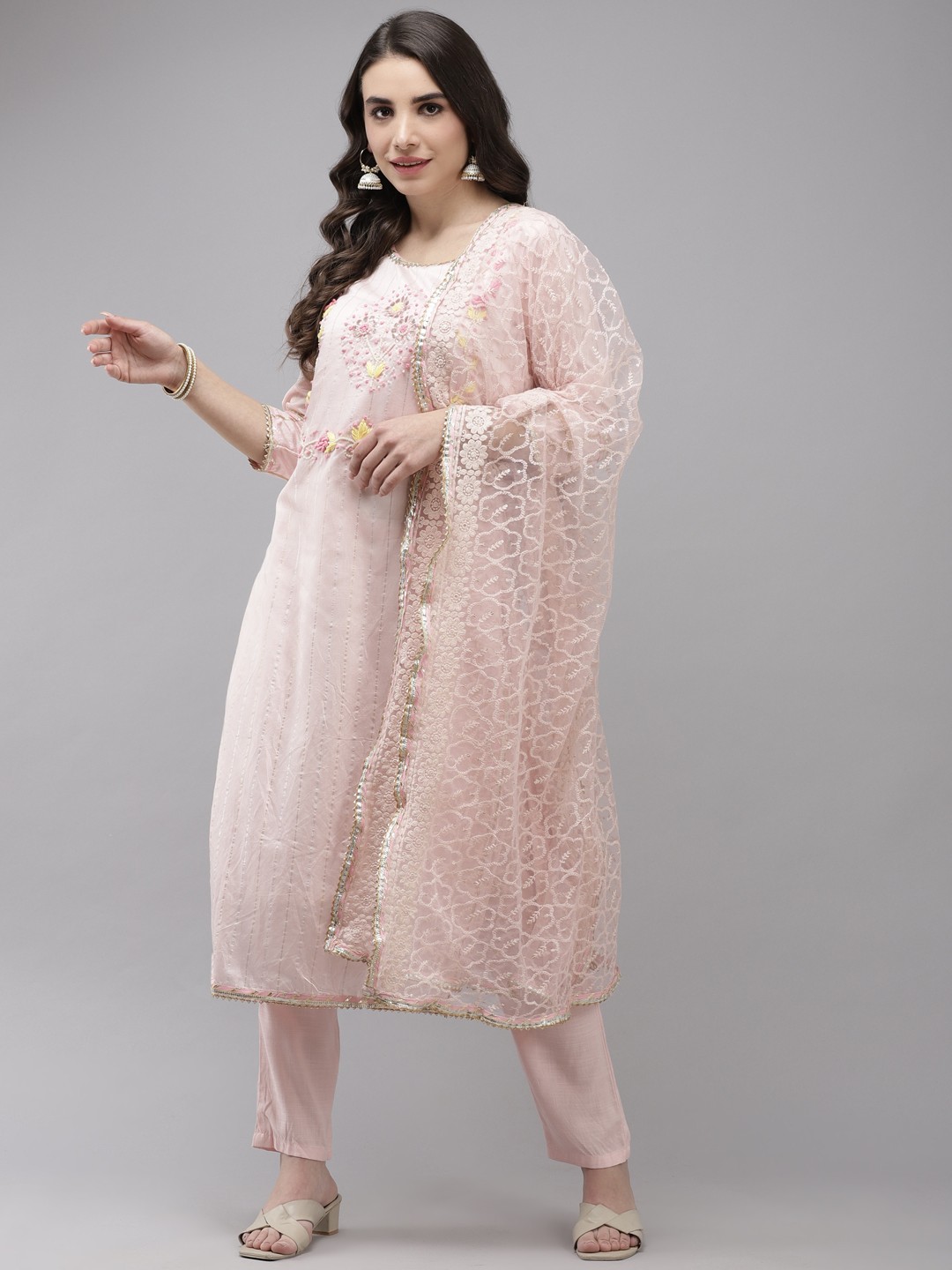 

Ishin Women Pink Floral Embroidered Regular Beads and Stones Chanderi Silk Kurta with Trousers & With
