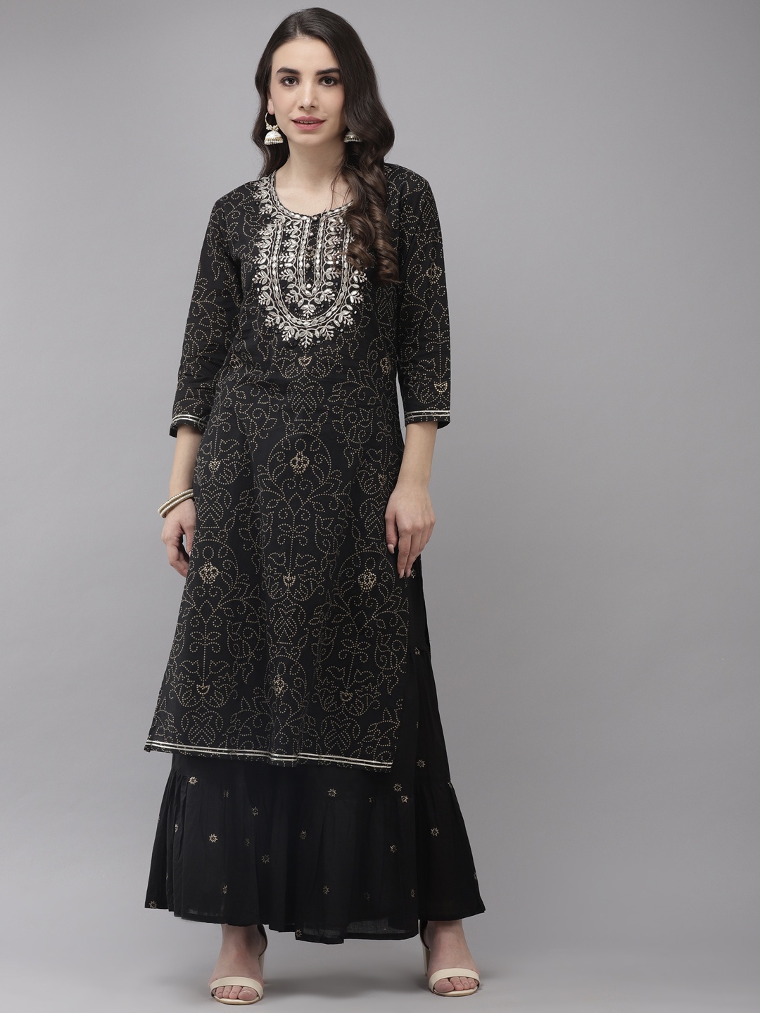 

Ishin Women Black Floral Embroidered Regular Gotta Patti Kurta with Sharara