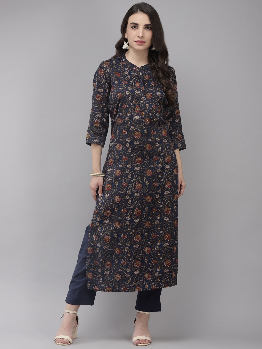 

Ishin Women Navy Blue Floral Embroidered Regular Sequinned Kurta with Trousers