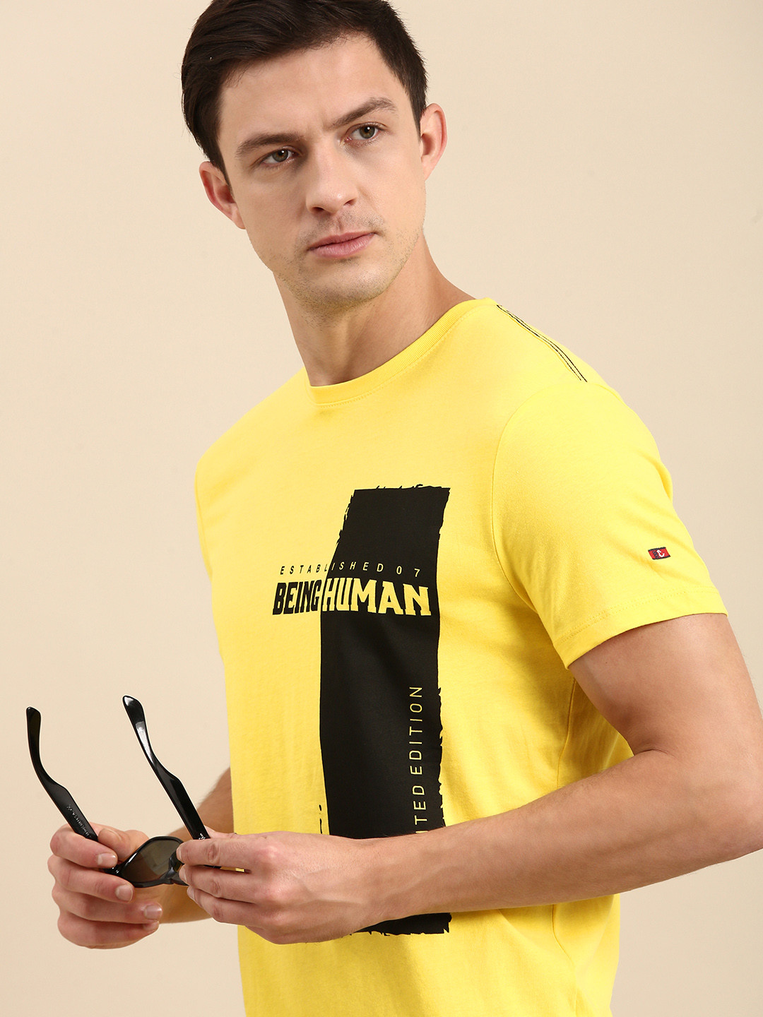 

Being Human Men Yellow Brand Logo Printed Pure Cotton T-shirt