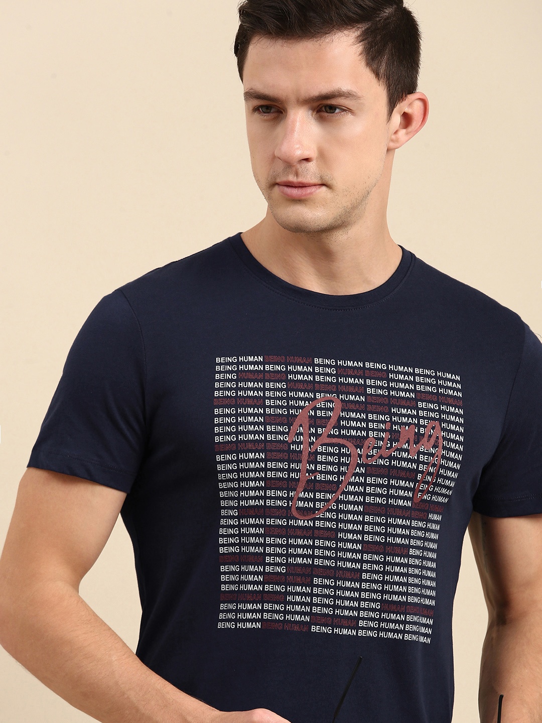 

Being Human Men Navy Blue Brand Logo Printed Pure Cotton T-shirt