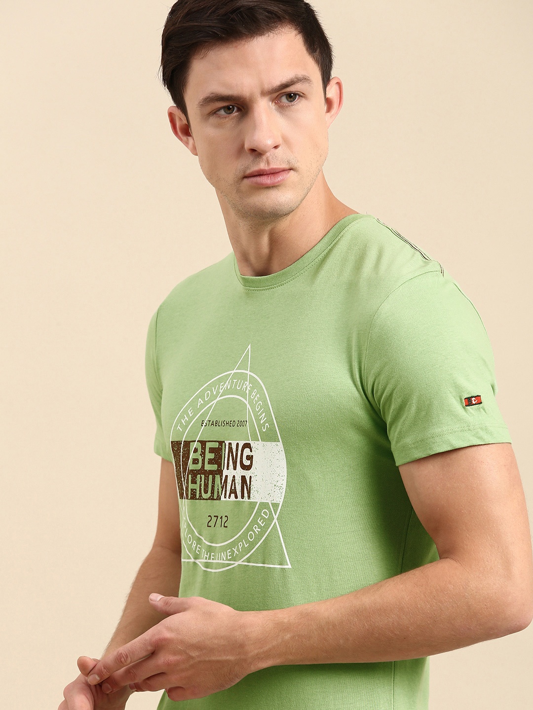 

Being Human Men Green Brand Logo Printed Pure Cotton T-shirt