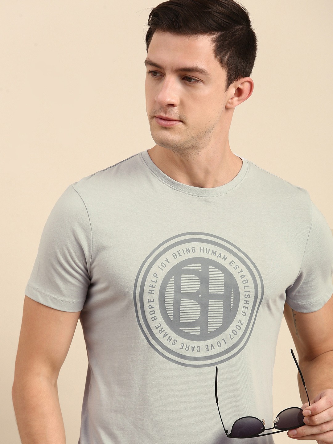 

Being Human Men Light Grey Brand Logo Printed Pure Cotton T-shirt