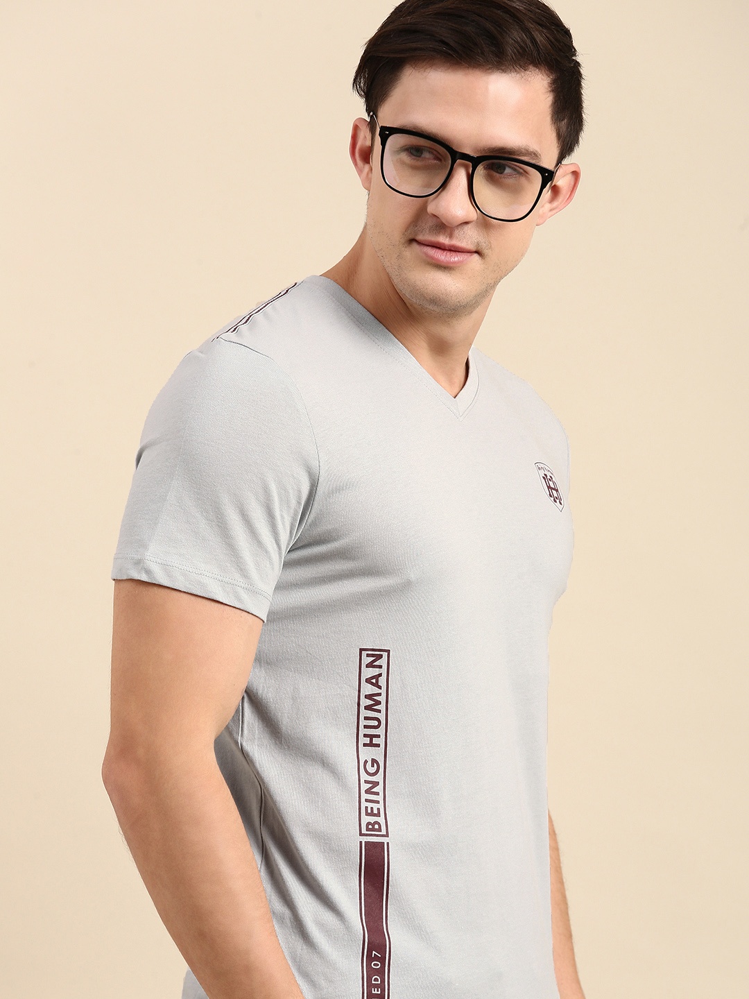 

Being Human Men Grey Pure Cotton V-Neck T-shirt