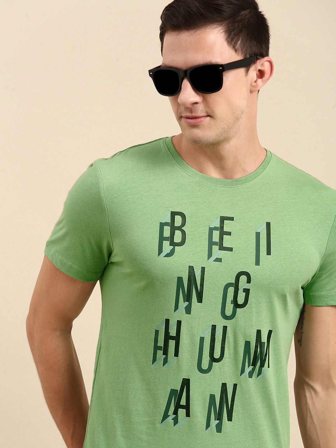 

Being Human Men Light Green Typography Printed Pure Cotton T-shirt