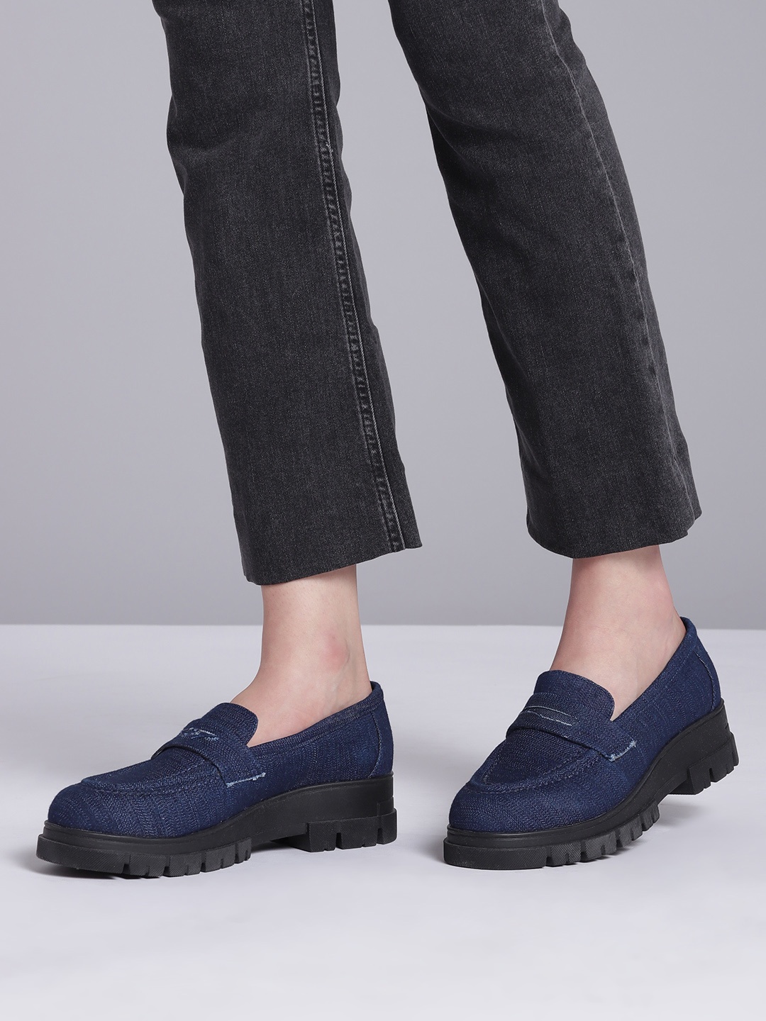 

Roadster Women Navy Blue Solid Denim Platform Penny Loafers