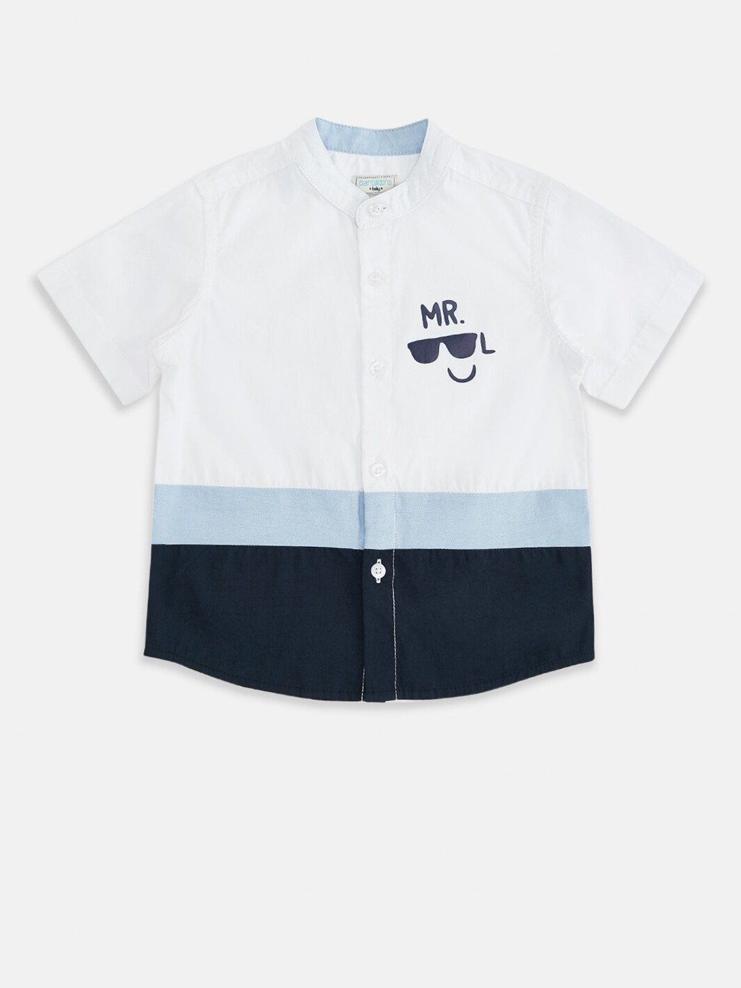 

Pantaloons Baby Boys White & Navy Blue Opaque Colourblocked Pure Cotton Casual Shirt